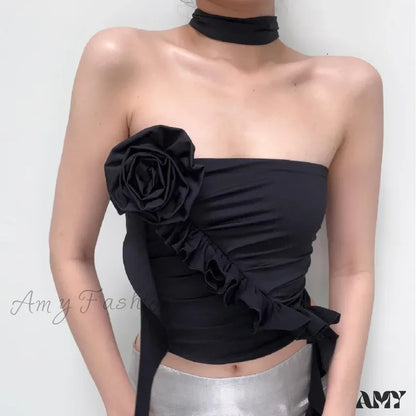 Off Top Flower Crop Ruffles Backless Gothic Aesthetic Shoulder