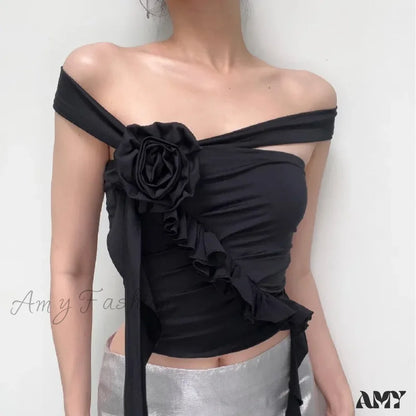 Off Top Flower Crop Ruffles Backless Gothic Aesthetic Shoulder Black / S