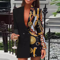 Office Colorblock Patchwork Long Sleeve Blazer Fashion Club Female Sequin Mini Party Vestidos Dress