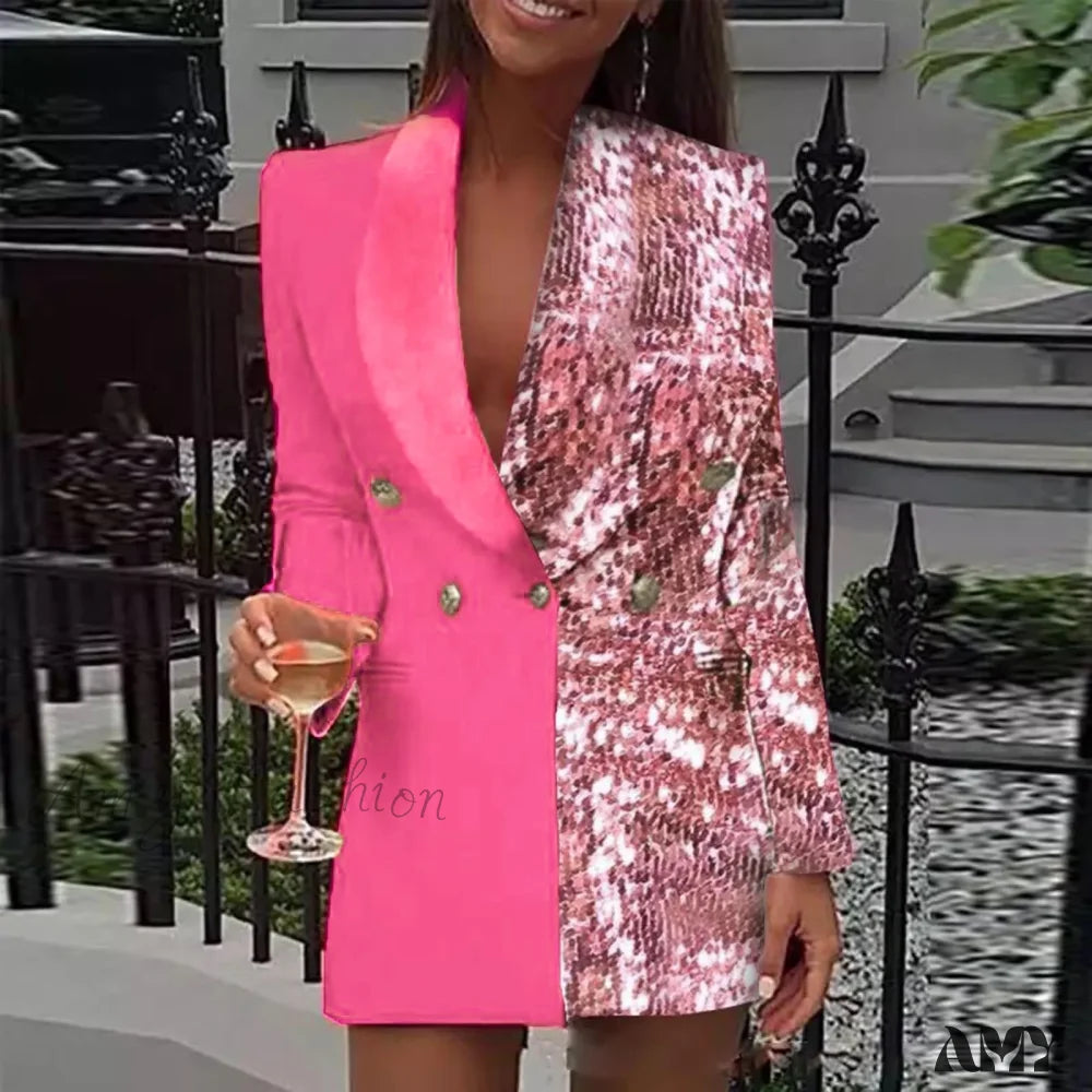 Office Colorblock Patchwork Long Sleeve Blazer Fashion Club Female Sequin Mini Party Vestidos Dress