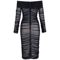 Off Shoulder Long Sleeve Ruched Mini Bodycon Dress FSP19054
