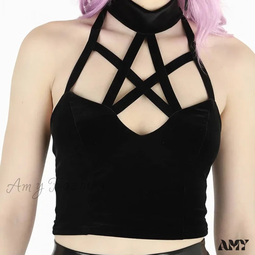 Out Crop Cross Summer Top Casual Hollow Sexy Gothic Mysterious Black / S