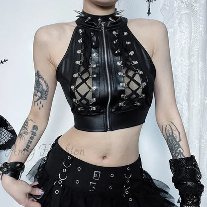 Out Gothic Y2K Sexy Hollowed Crop Top Bandage Lace Up Black / S