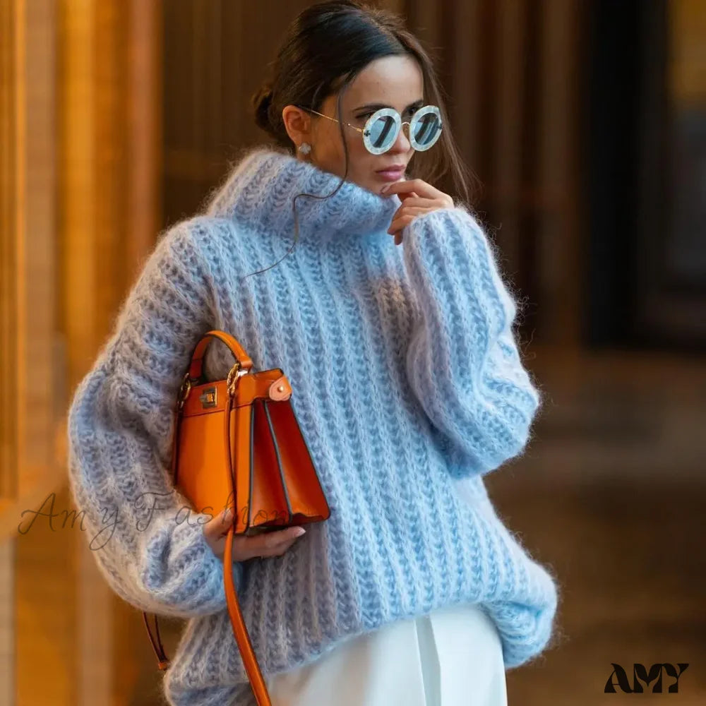 Oversize Fluffy Women Knit Pullover Long Sleeve Casual Chic Cozy Stylish Loose Trendy Sweater Blue