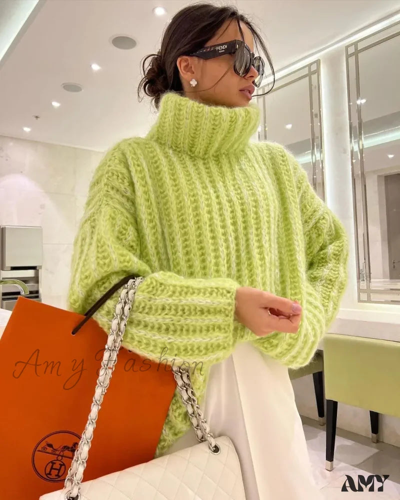 Oversize Fluffy Women Knit Pullover Long Sleeve Casual Chic Cozy Stylish Loose Trendy Sweater Green