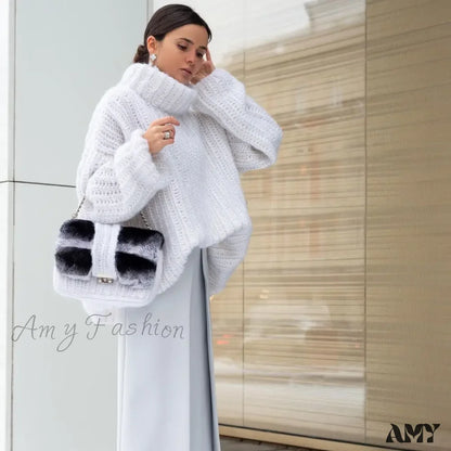 Oversize Fluffy Women Knit Pullover Long Sleeve Casual Chic Cozy Stylish Loose Trendy Sweater White