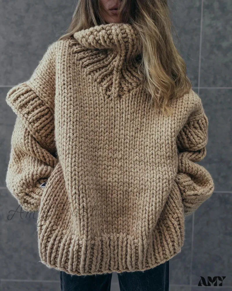 Oversize Knit Women Puffy Pullover Lantern Sleeve Warm Thick Stylish Cozy Casual Chic Sweater Beige