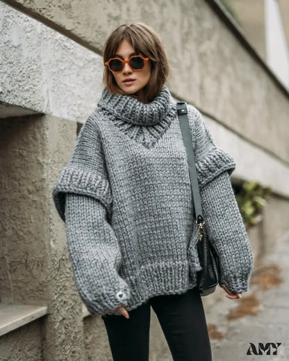 Oversize Knit Women Puffy Pullover Lantern Sleeve Warm Thick Stylish Cozy Casual Chic Sweater Gray