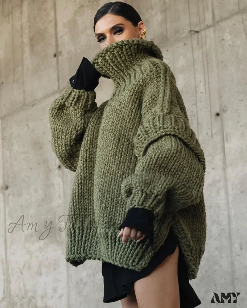 Oversize Knit Women Puffy Pullover Lantern Sleeve Warm Thick Stylish Cozy Casual Chic Sweater Green