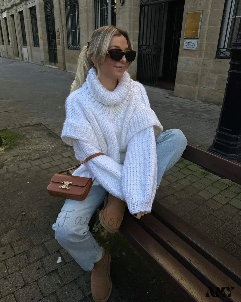 Oversize Knit Women Puffy Pullover Lantern Sleeve Warm Thick Stylish Cozy Casual Chic Sweater White