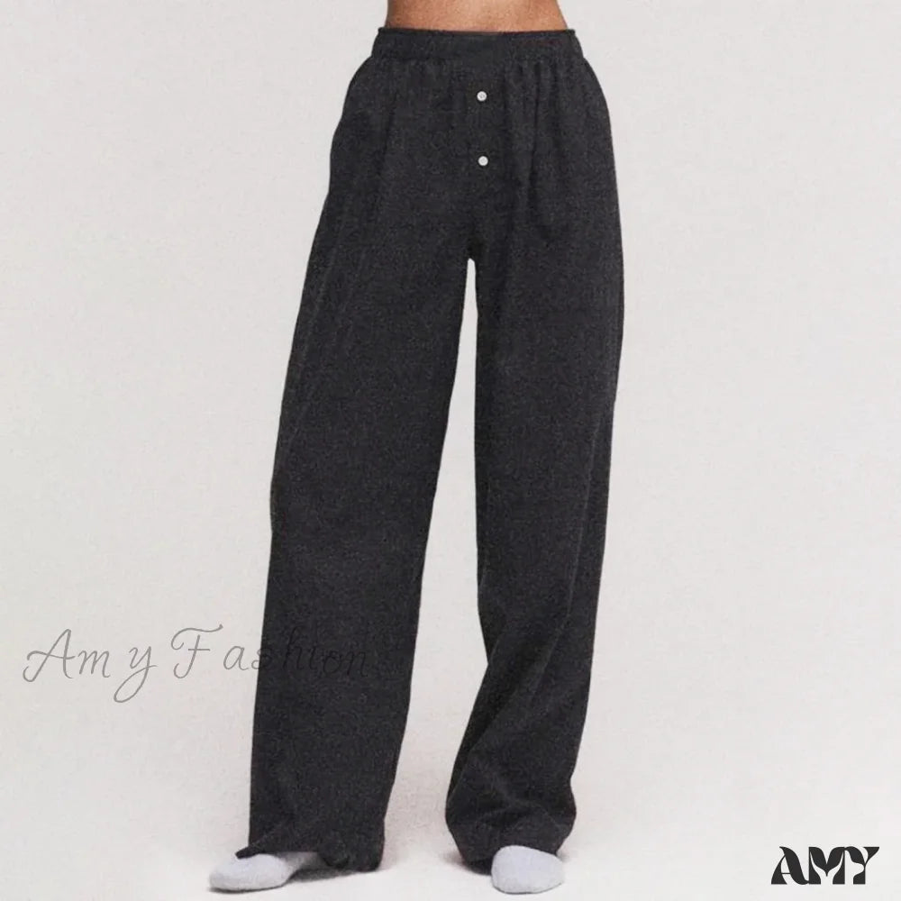 Oversize Loose Wide Leg Casual Solid Color Print Elastic Pants Black / S