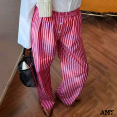 Oversize Loose Wide Leg Casual Solid Color Print Elastic Pants Red / S