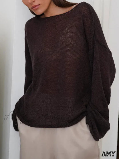 Oversize Thin Knitted Trumpet Long Sleeve Loose Transparent Summer Sweater Brown / M