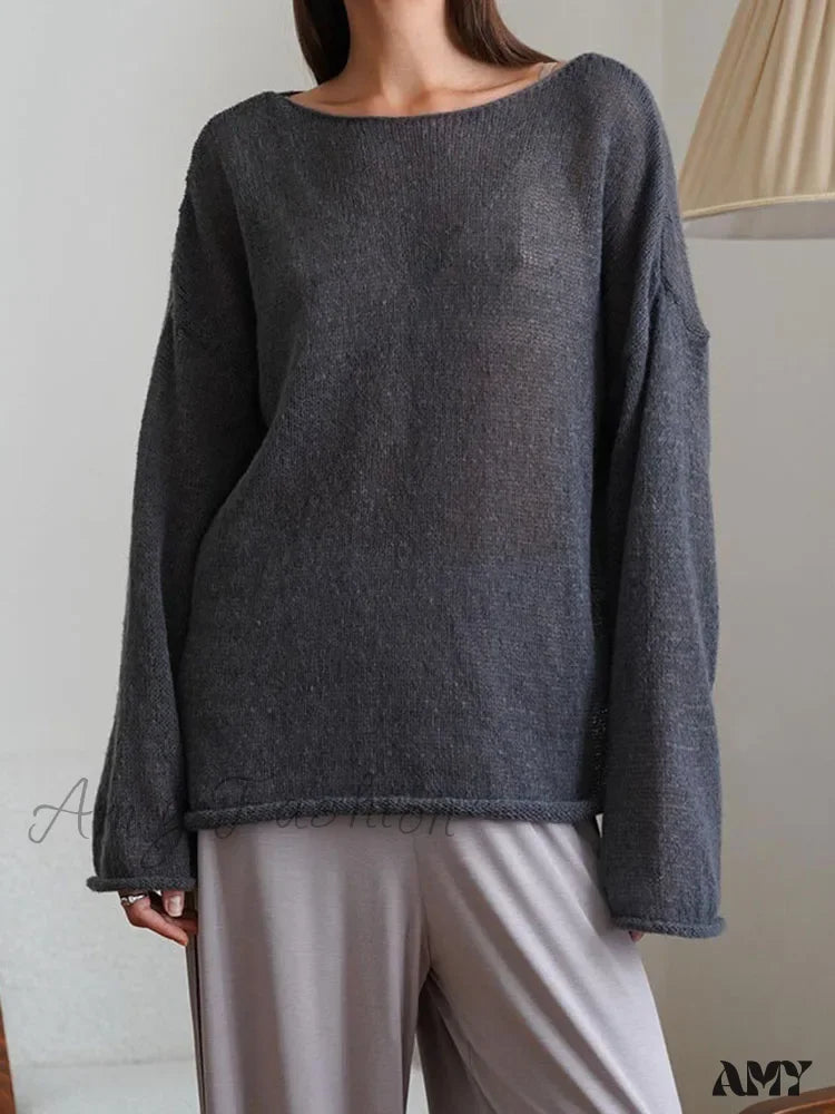 Oversize Thin Knitted Trumpet Long Sleeve Loose Transparent Summer Sweater Dark Gray / M