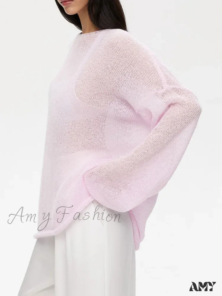 Oversize Thin Knitted Trumpet Long Sleeve Loose Transparent Summer Sweater Pink / M