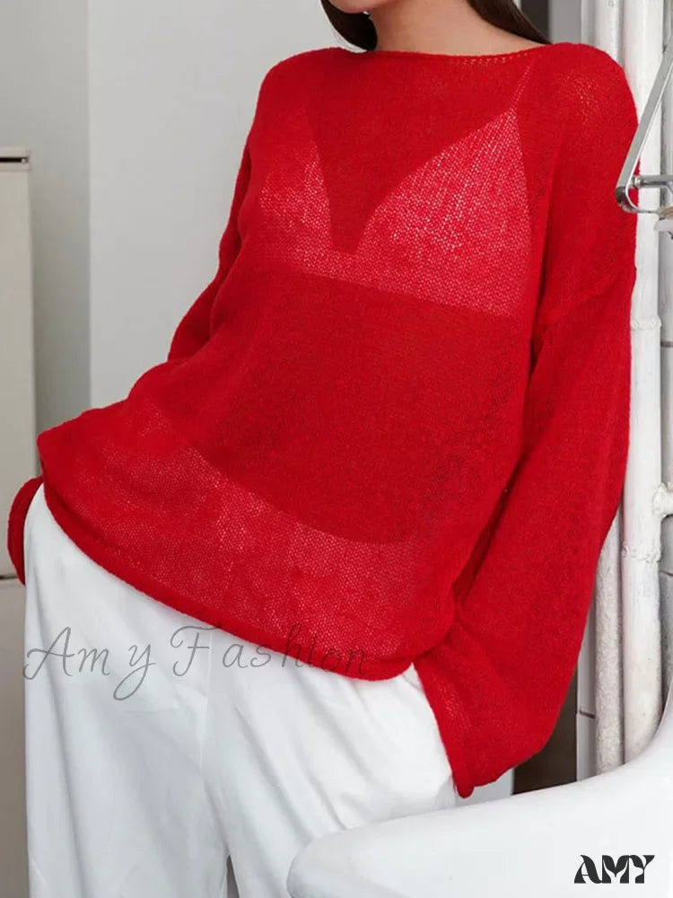 Oversize Thin Knitted Trumpet Long Sleeve Loose Transparent Summer Sweater Red / M