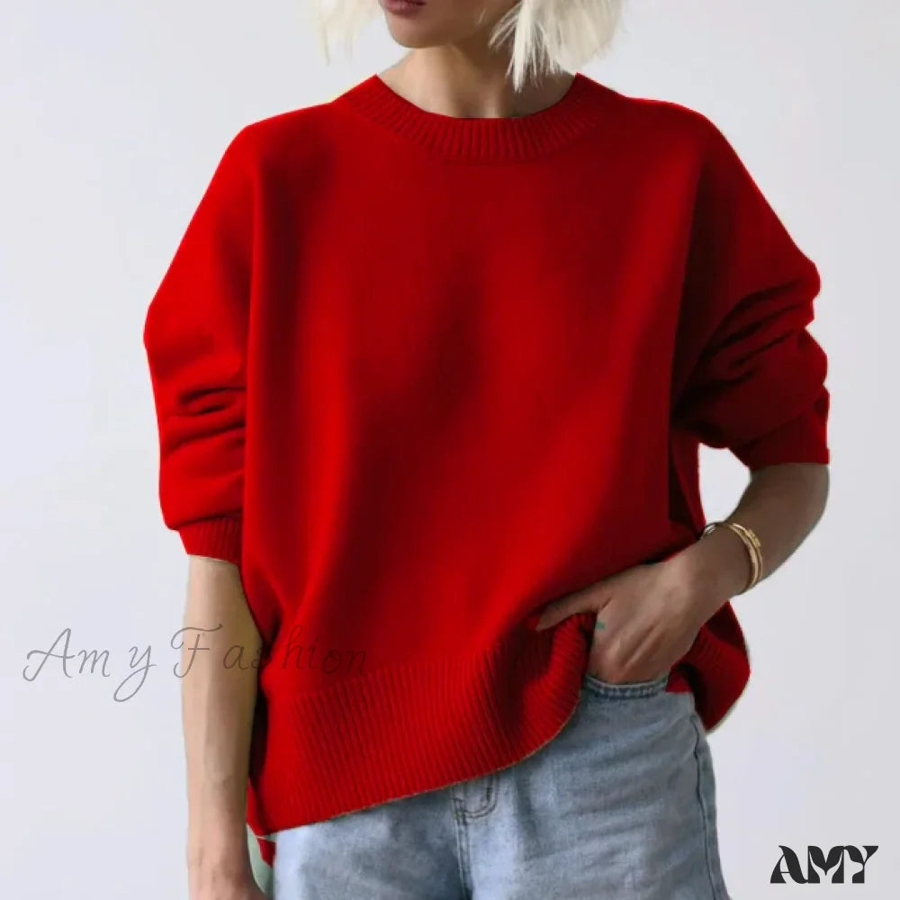 Oversized Cashmere Autumn Winter Women Fashion Basic Knitted Pullover Soft Loose Casual Sweater Red