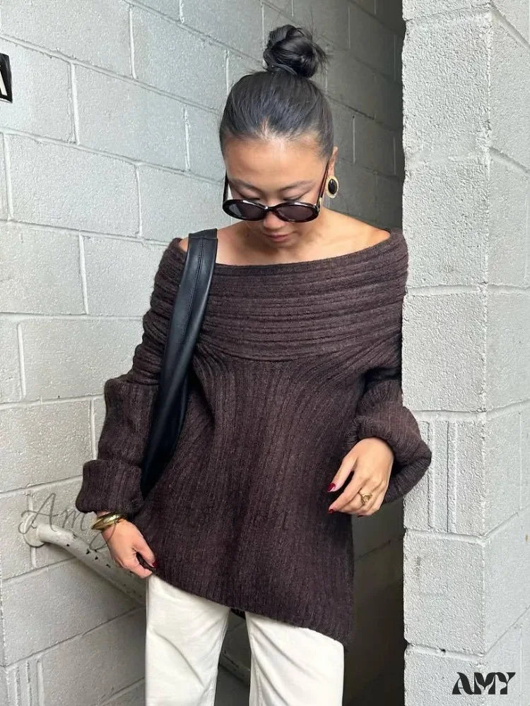 Oversized Sexy Slash Neck Knit Long Sleeve Irregular Casual Sweater Dark Brown / One Size