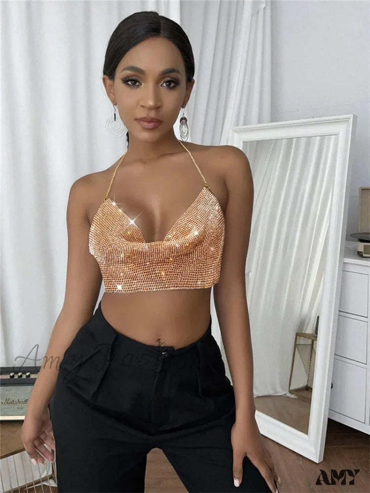 Party Club Rhinestones Gothic Corset Crop Top Champagne / S