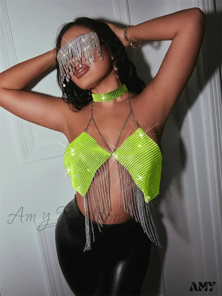 Party Club Rhinestones Gothic Corset Crop Top Fluorescent Green / S