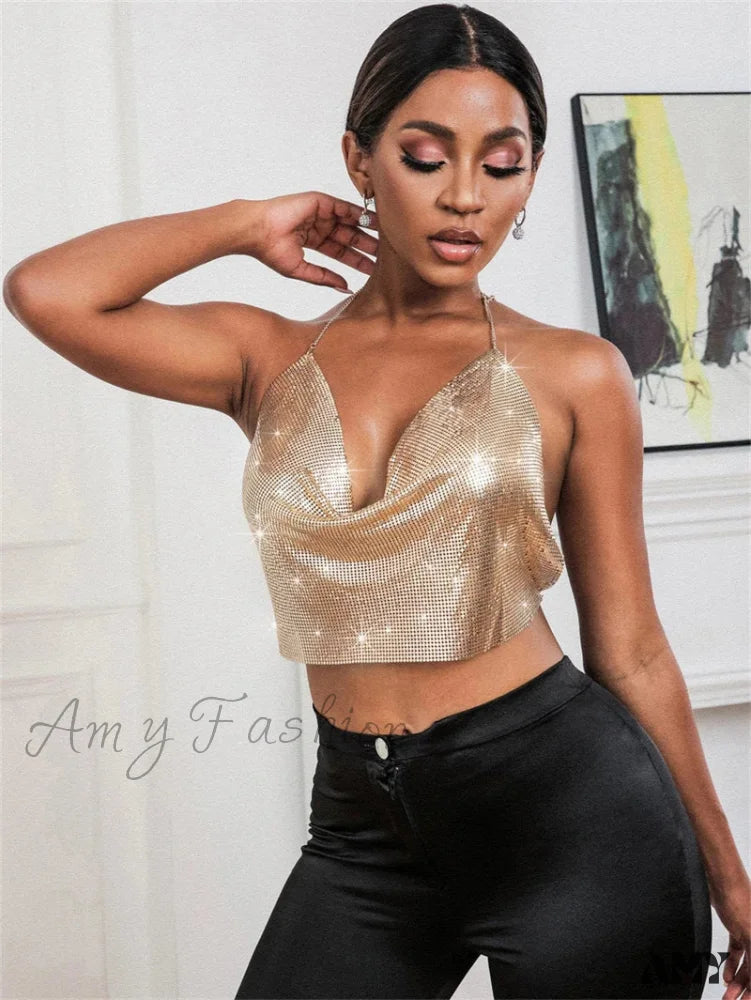 Party Club Rhinestones Gothic Corset Crop Top Gold2 / S