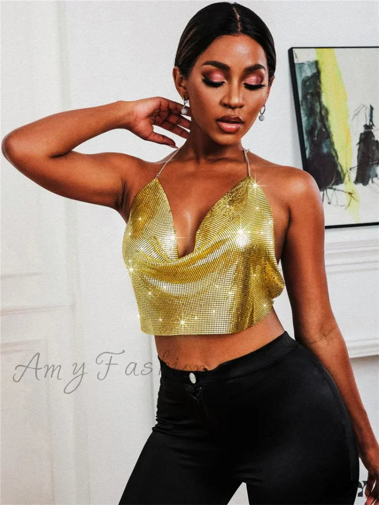 Party Club Rhinestones Gothic Corset Crop Top Golden / S