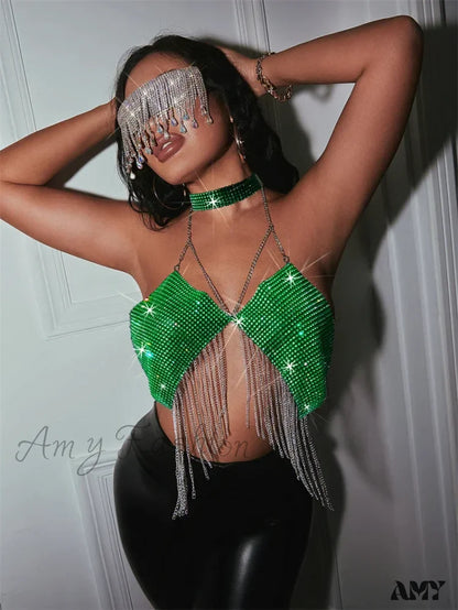 Party Club Rhinestones Gothic Corset Crop Top Green / S