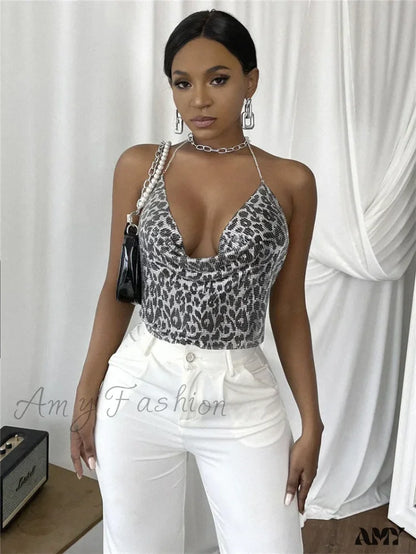 Party Club Rhinestones Gothic Corset Crop Top Leopard Silver / S