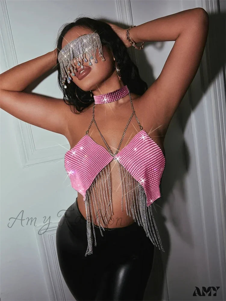 Party Club Rhinestones Gothic Corset Crop Top Pink / S