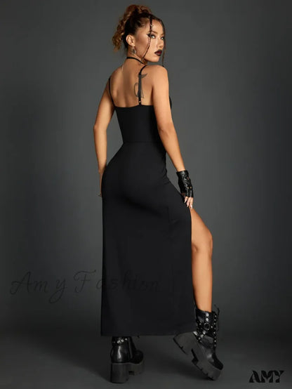 Partywear Ruched Sling Gothic Sexy Midi Grunge Dress Backless Club Punk Shade Bandage Slim Split