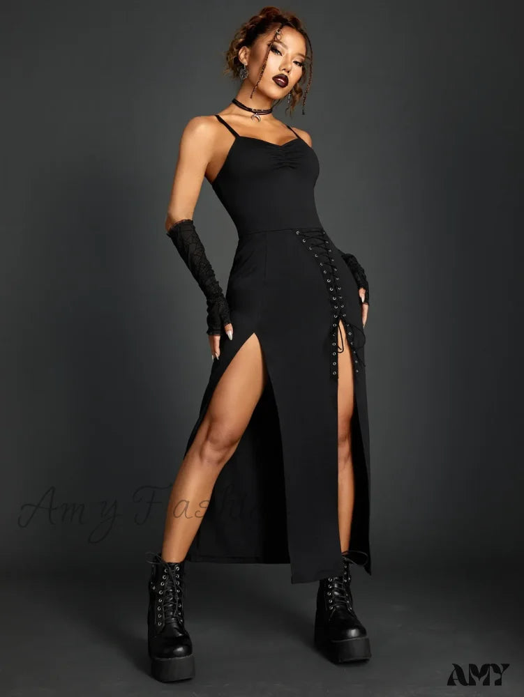 Partywear Ruched Sling Gothic Sexy Midi Grunge Dress Backless Club Punk Shade Bandage Slim Split