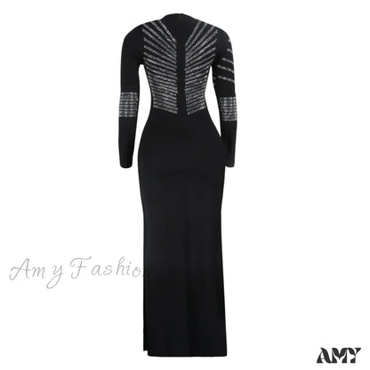 Patchwork Sequin Sheath Skinny High Side Slit O-Neck Long Sleeve Celebrity Bodycon Maxi Lady