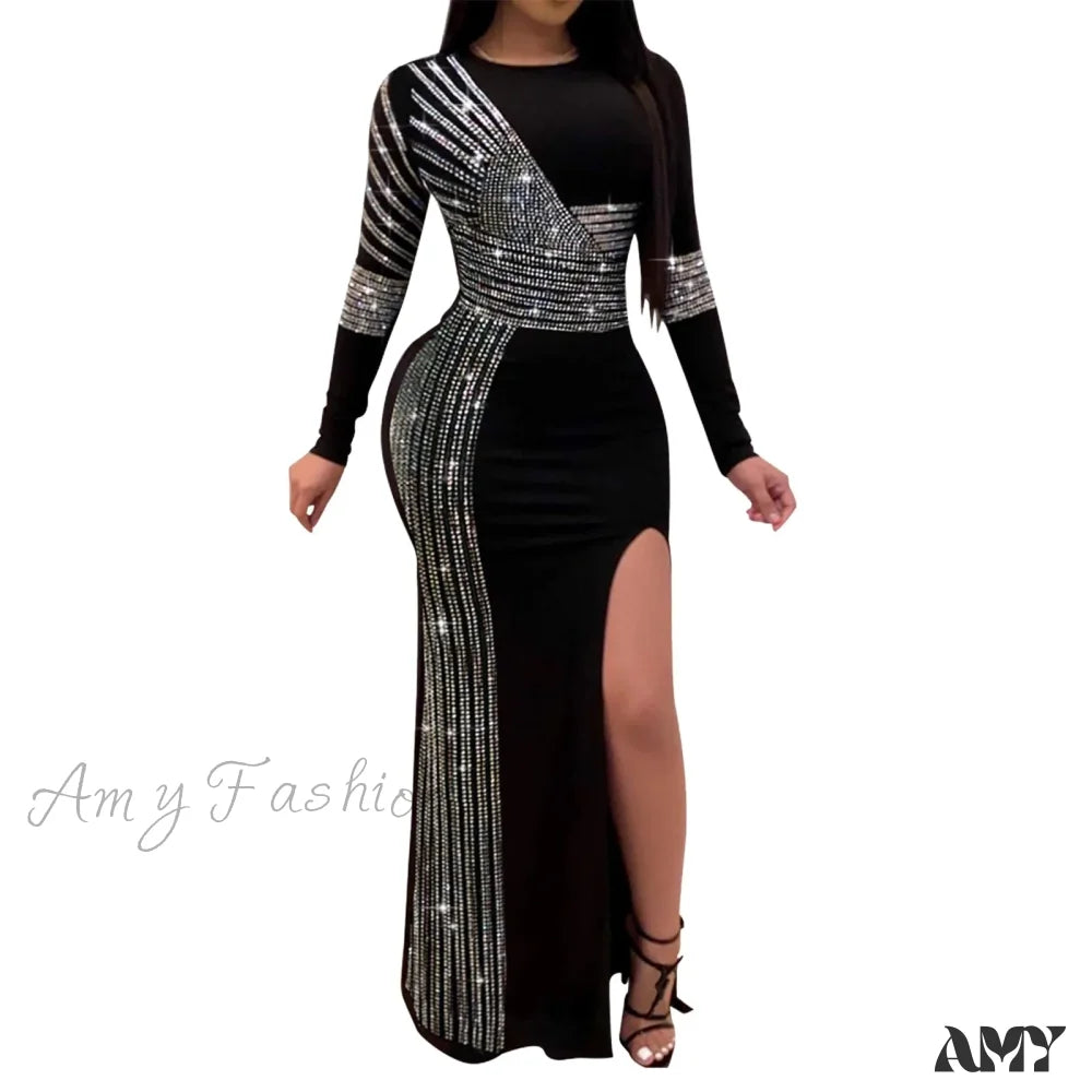 Patchwork Sequin Sheath Skinny High Side Slit O-Neck Long Sleeve Celebrity Bodycon Maxi Lady