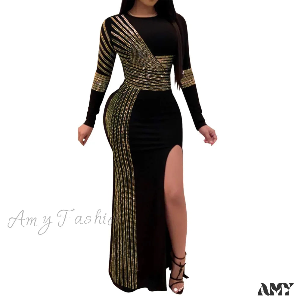 Patchwork Sequin Sheath Skinny High Side Slit O-Neck Long Sleeve Celebrity Bodycon Maxi Lady