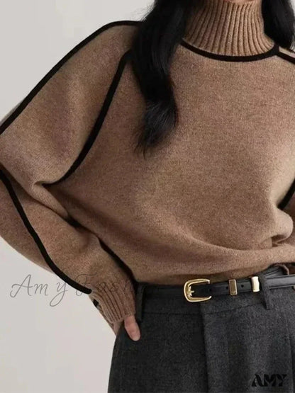 Patchwork Turtleneck Knitted Warm Thicken Long Sleeve Sweater