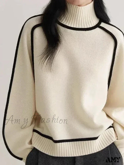 Patchwork Turtleneck Knitted Warm Thicken Long Sleeve Sweater Apricot / S