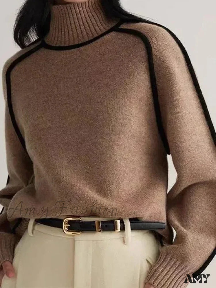 Patchwork Turtleneck Knitted Warm Thicken Long Sleeve Sweater Brown / S