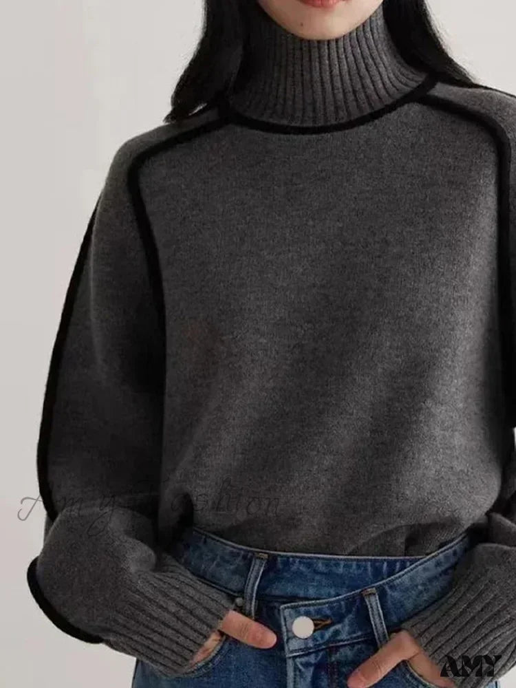 Patchwork Turtleneck Knitted Warm Thicken Long Sleeve Sweater Dark Gray / S