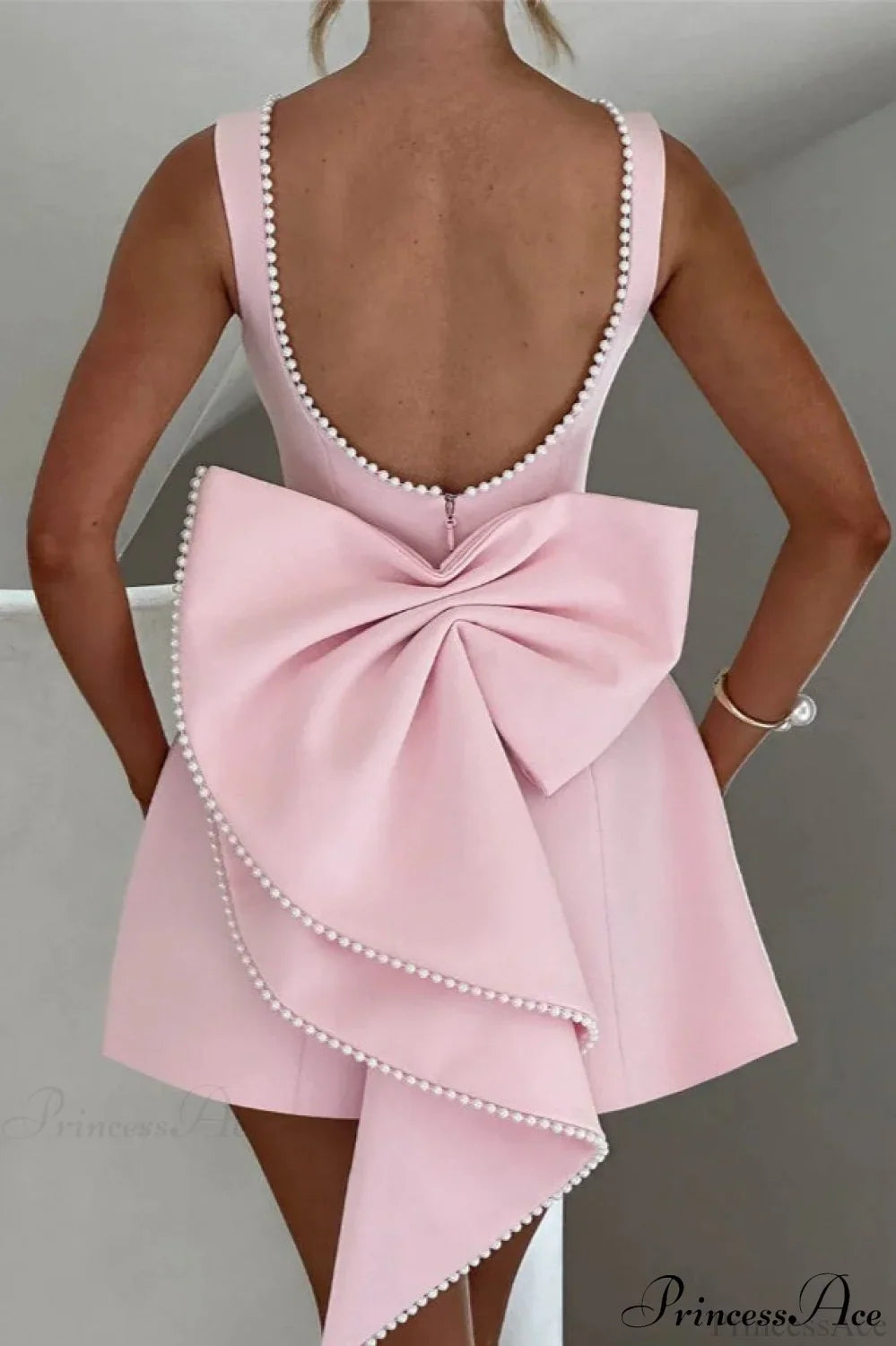 Pearl Bow Open-Back Edgy Short Party Dress