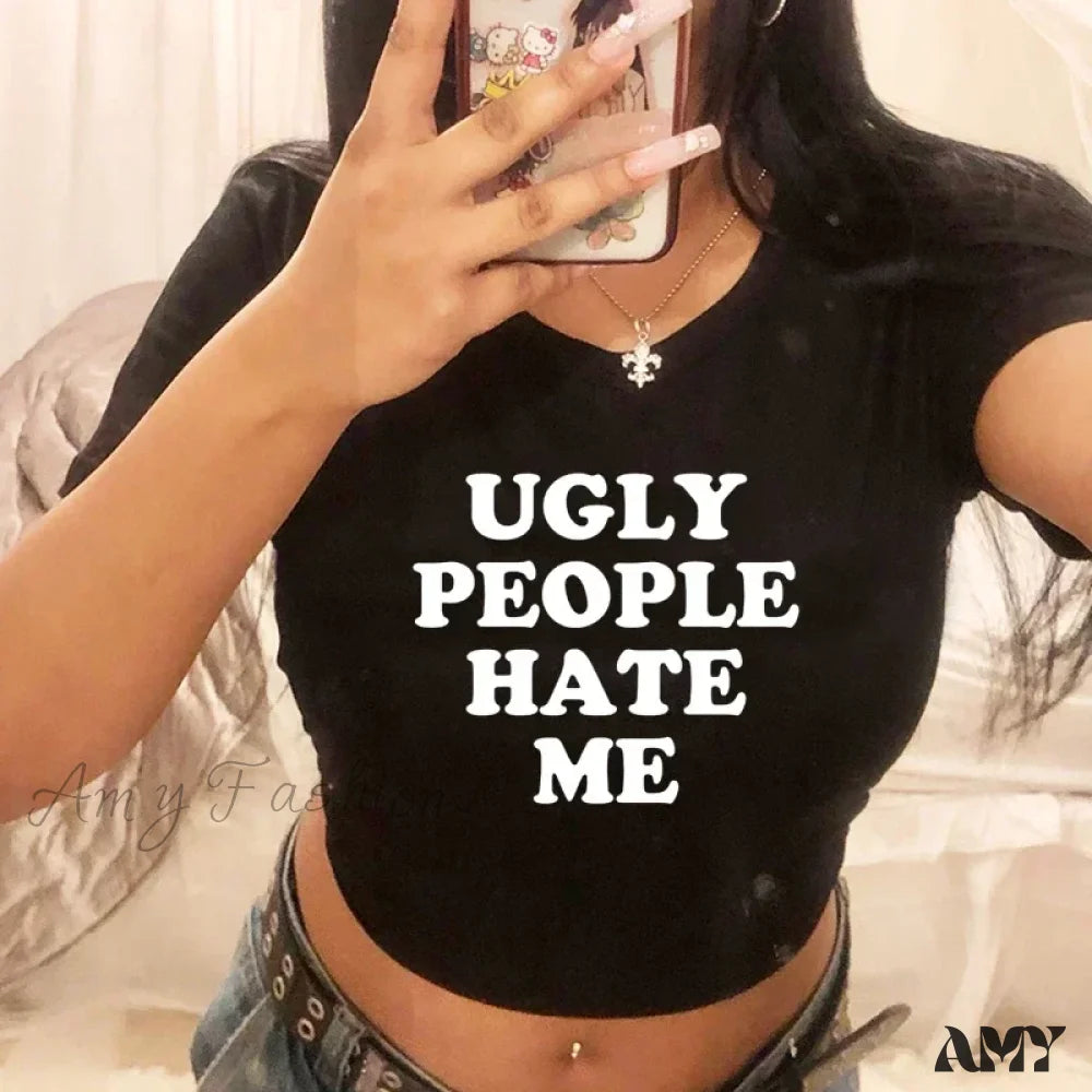 People Hate Harajuku Sassy Women’s Grunge Goth Funny Crop Top Black / Xs