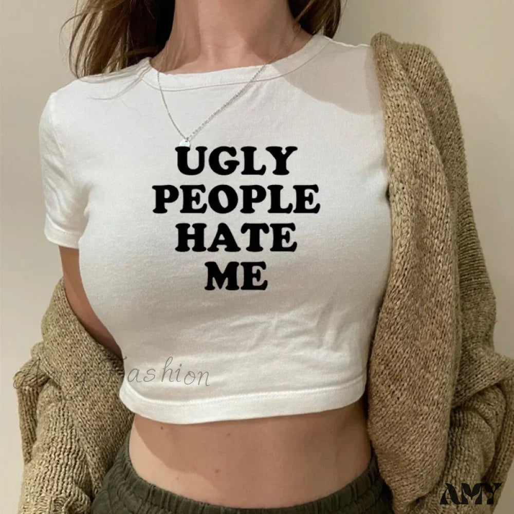 People Hate Harajuku Sassy Women’s Grunge Goth Funny Crop Top White / Xs