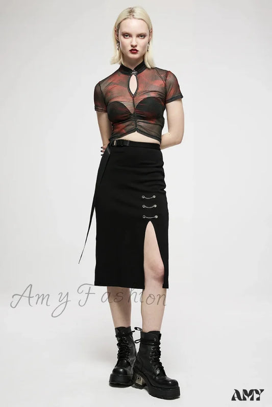 Personality Casual Daily Mid-Length Skirt Dark Side Slit Front Long Chain-Embellished Minimalist