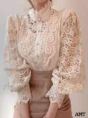 Petal Sleeve Hollow Out Flower Lace Patchwork Blouse