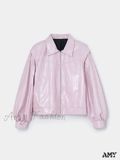 Pink Big Lapel Faux Leather Casual Zipper With Pocket Long Sleeve Commute Chic Jacket