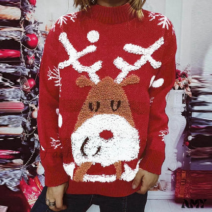 Pink Christmas Sweater With Loose Neck And Love Heart Pattern Red / S