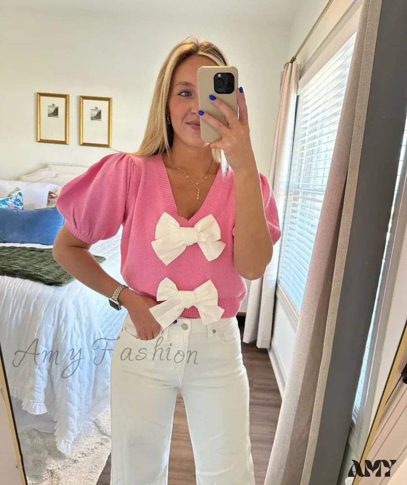 Pink Elegant Casual Solid Short Sleeve Fashion Bows V-Neck Sweater / S