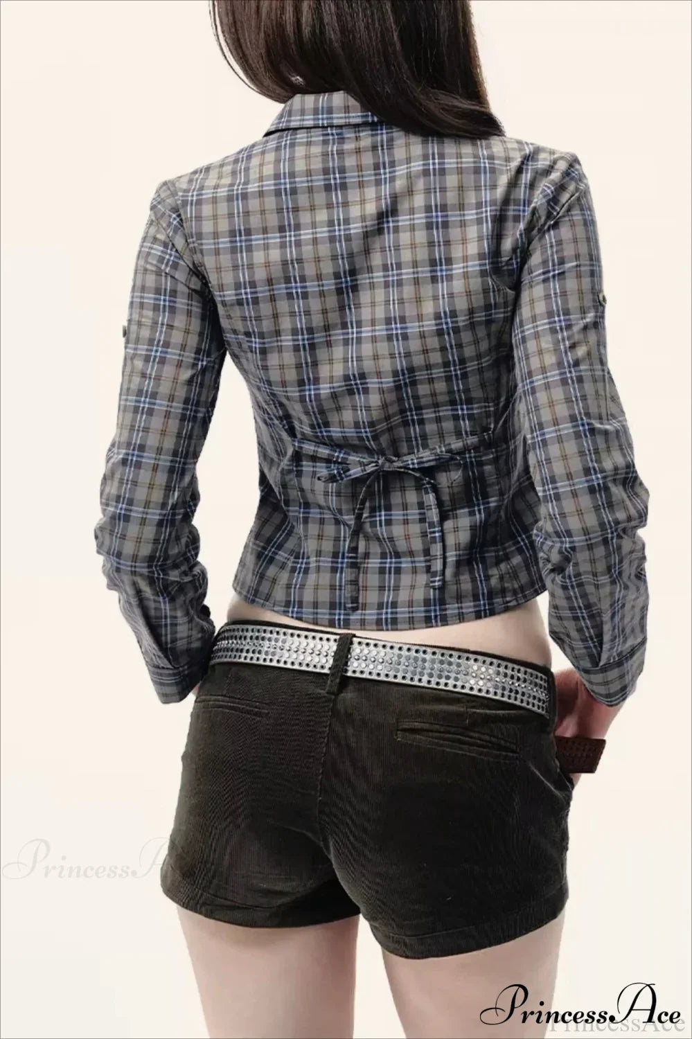 Plaid Long-Sleeve Back Bow-Tie Waist-Slim Blouse