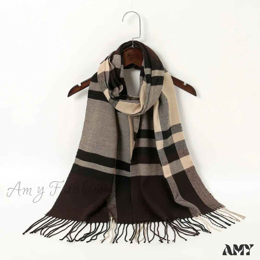 Plaid Print Cashmere Winter Pashmina Scarf With Tassels Apricot