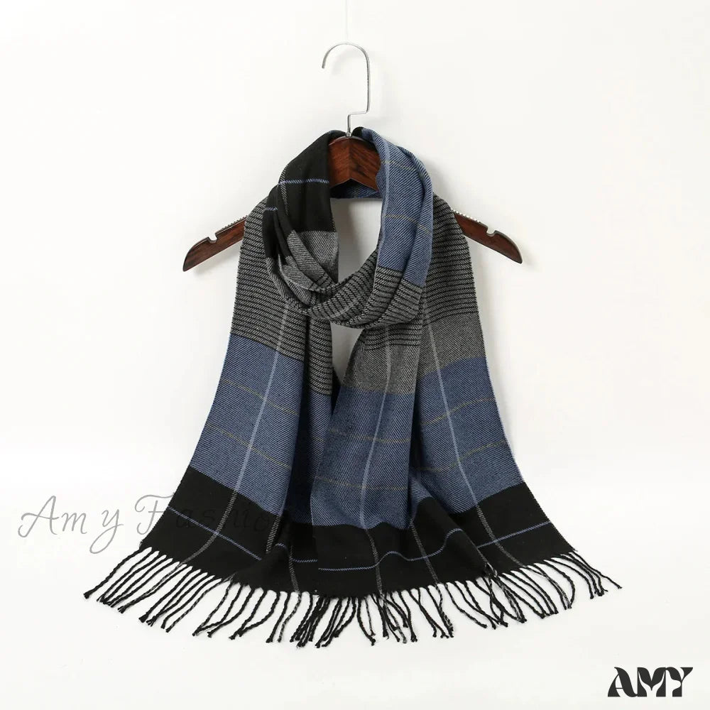 Plaid Print Cashmere Winter Pashmina Scarf With Tassels Blue 2