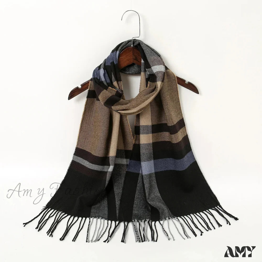 Plaid Print Cashmere Winter Pashmina Scarf With Tassels Blue